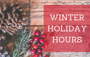 Image of sign with pine and words Winter Holiday Hours