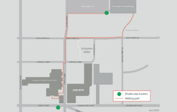 Map of parking for Loudoun County Courthouse, shuttle route and pedestrian path