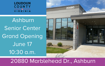 Photo of Ashburn Senior Center with grand opening information