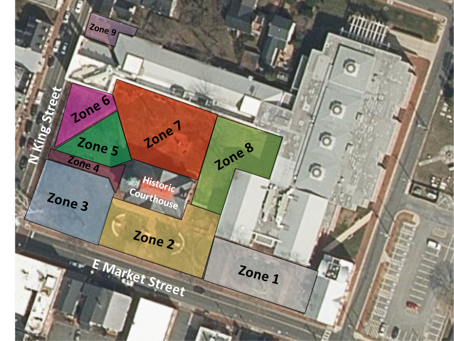 Map showing zones on courthouse grounds 