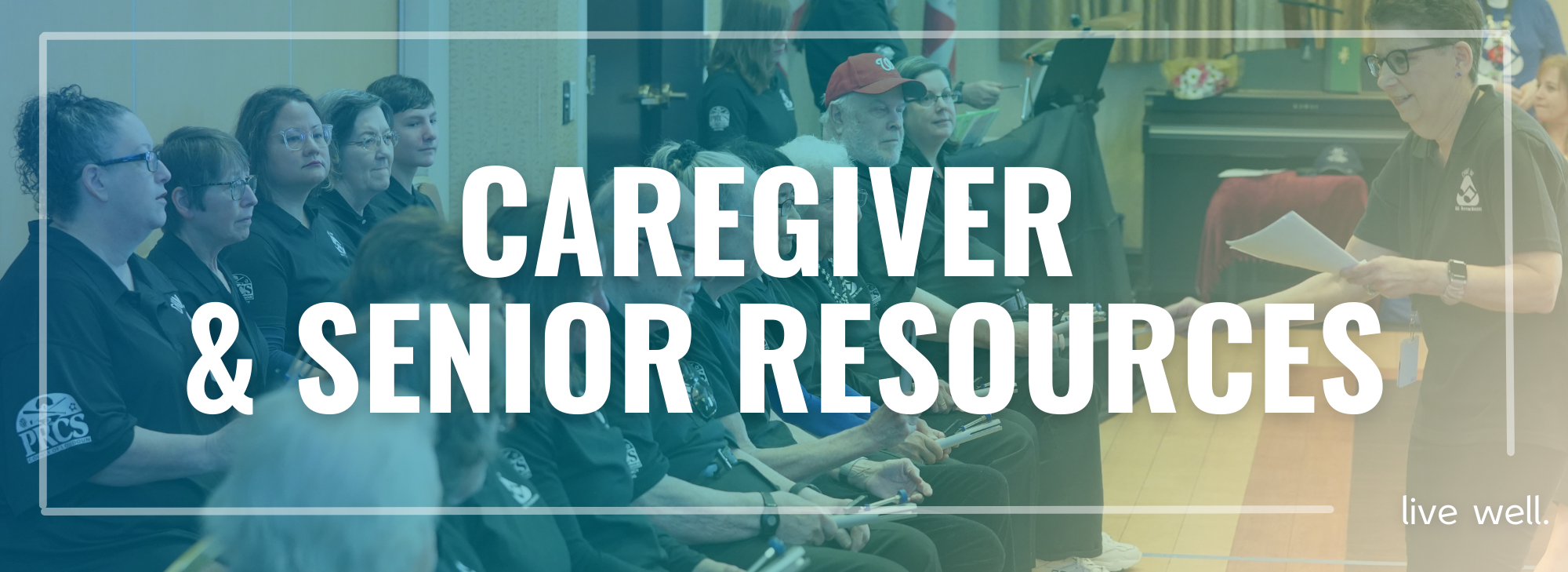 Image of older adults at a Loudoun County senior center with the words "Caregivers" and "Li