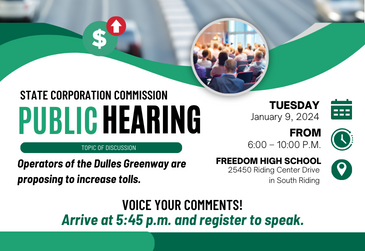 Graphic with text about public hearing on Greenway toll hike proposal