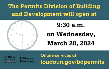 Clock graphic with text indicating Permits Division will open at 9:30 a.m. on Wednesday March 20