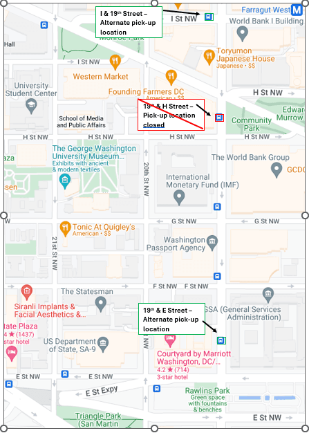 Map of downtown D.C. showing updated bus stops near the IMF.